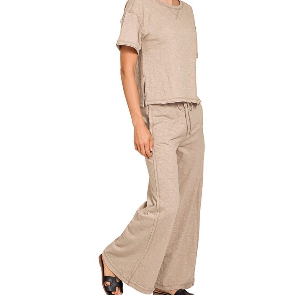 ZENANA Cotton Slub Short Slv Tee & Wide Leg Pant Set Sand Beige Size Small NEW